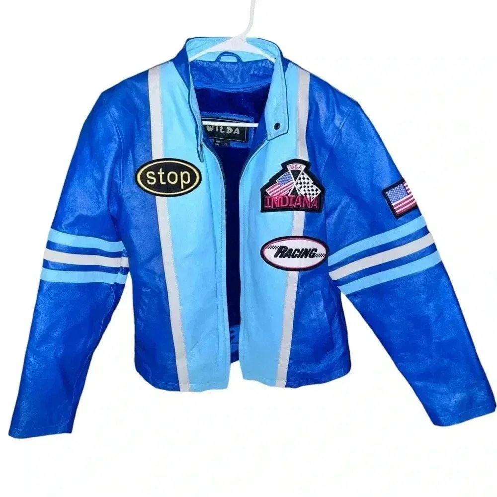 Vintage Wilda Leather Motorcycle Racing Flag Patches Striped Sleeves Jacket XL